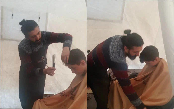 Çadırları Gezerek, Depremden zarar gören çocukları traş ediyor