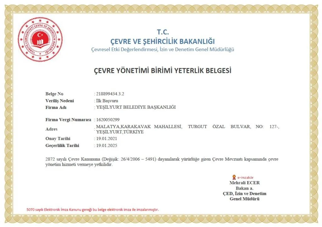 Çevre Yönetim Yeterlilik Belgesi İle Çevre Hizmetlerimizin Boyutunu Geliştireceğiz