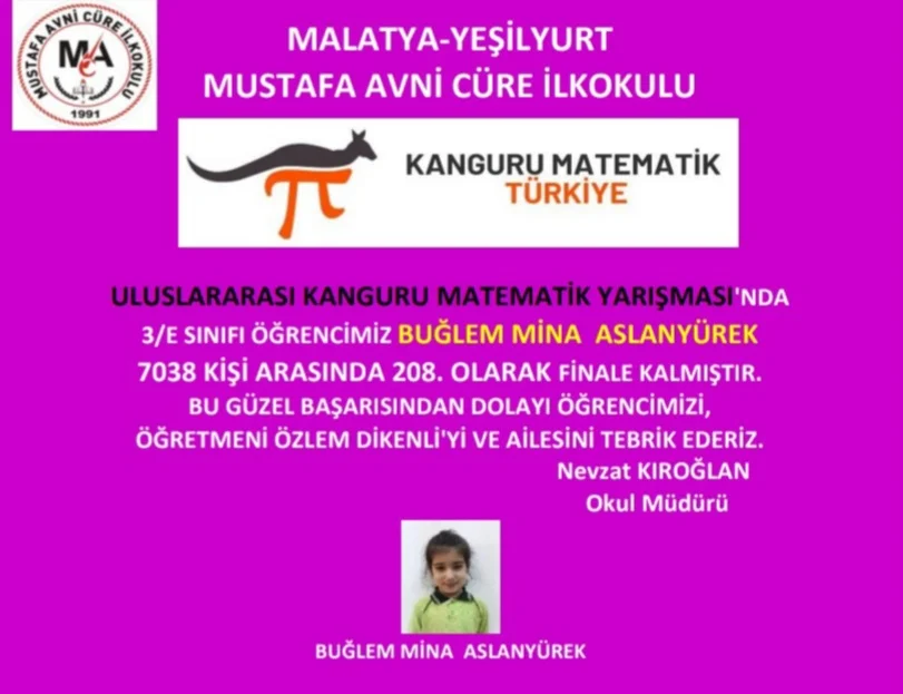 Mustafa Avni Cüre İlkokulu Öğrencisi Buğlem Mina Aslanyürek Uluslararası Matematik Yarışmasında Finale Kaldı