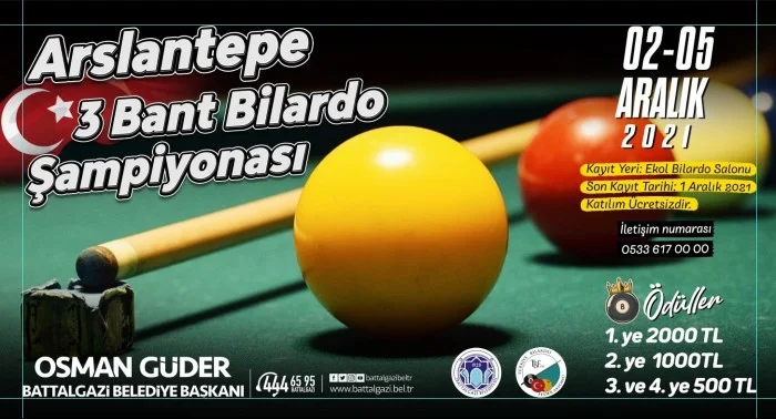 ‘Arslantepe 3 Bant Bilardo Şampiyonası’na başvurular, 1 Aralık Çarşamba günü sona eriyor.