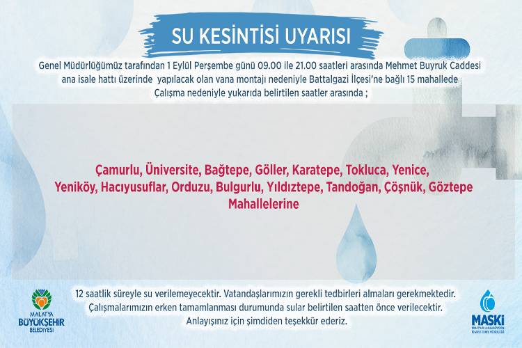 Maski Uyardı ! Battalgazi İlçesi’ne Bağlı 15 Mahallede Su Kesintisi Yaşanacak