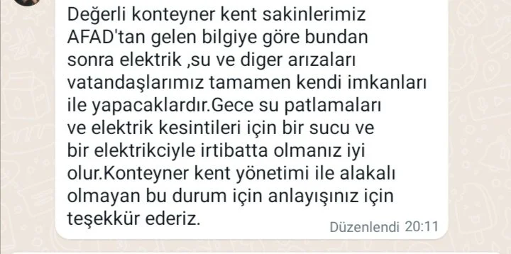 Depremzedelere Yeni Yıl Şoku !!! AFAD’tan Malatya’daki Konteyner Kentte Elektrik ve Su Arızaları İçin Tanıdık Usta Ayarlaması Uyarısı
