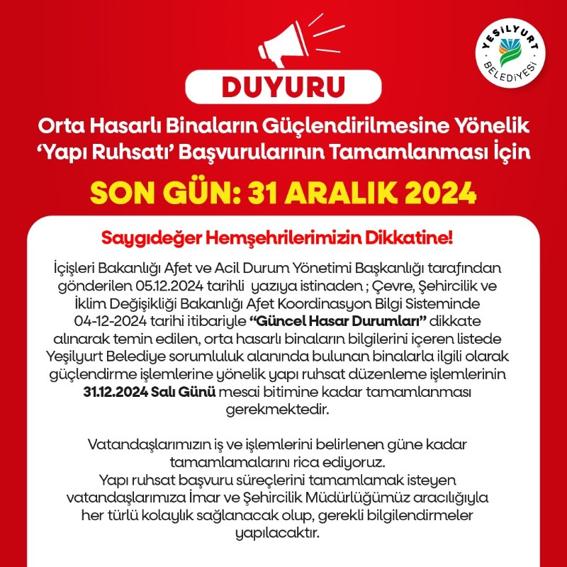 Orta Hasarlı Binalar İçin Yapı Ruhsat Başvuru Süresi Uzatıldı: Son Gün 31 Aralık 2024