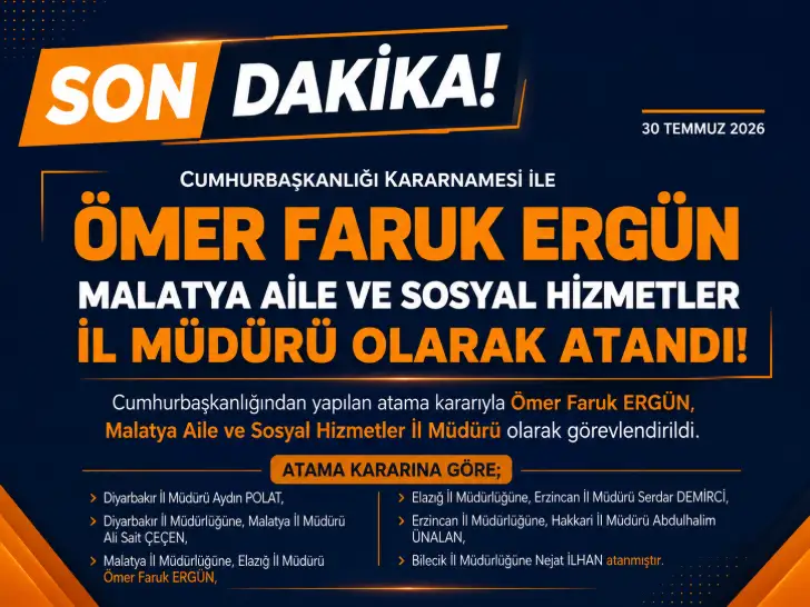 Ömer Faruk ERGÜN, Malatya Aile ve Sosyal Hizmetler İl Müdürü olarak atandı